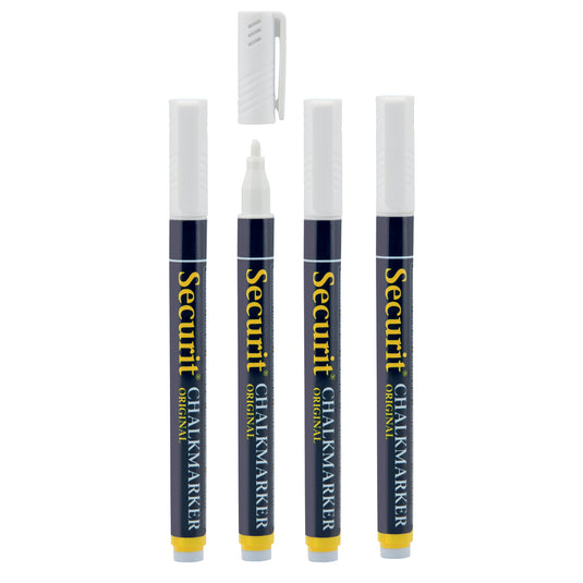 Set of 12 Securit white chalkmarkers in blister pack, 14x1x1.5cm, ideal for chalkboard and glass writing.