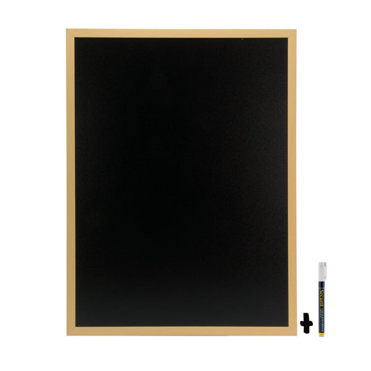Set of six Securit Woody Teak wall chalkboards, 80x60cm, ideal for cafes or offices, with natural wood finish and writable surface.