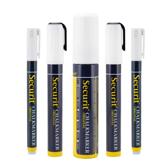 Set of 12 Securit white chalkmarkers in blister pack, 15.5x2.7x2.7cm, ideal for chalkboard and window writing.