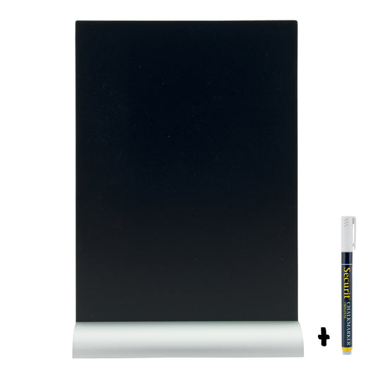 Set of six Securit black aluminium table chalkboards with silhouette design, measuring 30.8x21x6cm.