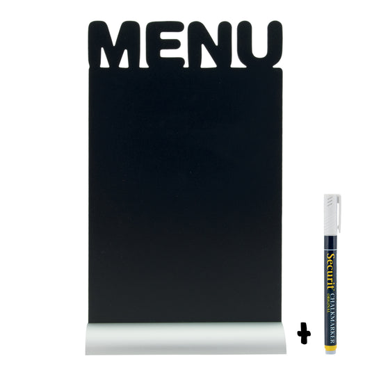 Set of six Securit silhouette aluminium table chalkboards in black, measuring 34.2x21x6cm, ideal for displays or signage.