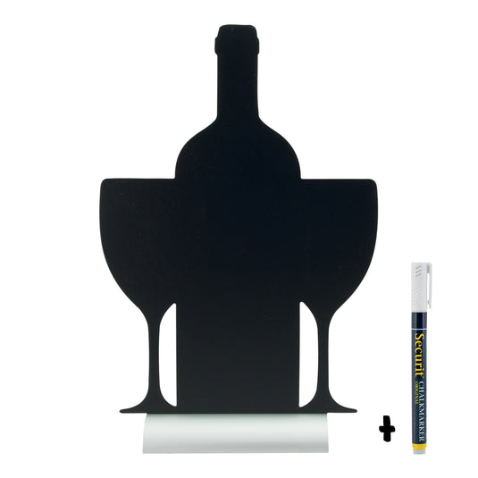 Set of six Securit silhouette aluminium table chalkboards in black, 34.5x23x6cm, ideal for menus or signage.