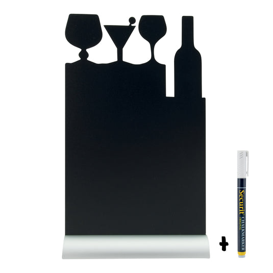Set of six Securit black aluminium table chalkboards with silhouette design, measuring 34.5x21x6cm, ideal for signage.