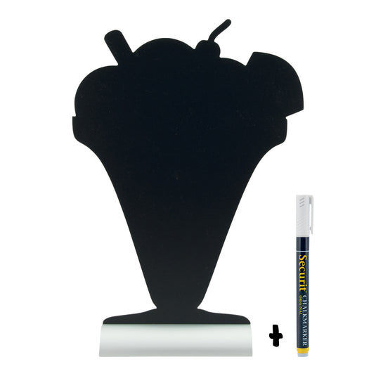 Set of six Securit silhouette aluminium table chalkboards in black, 33.5x23x6cm, ideal for signage and display.