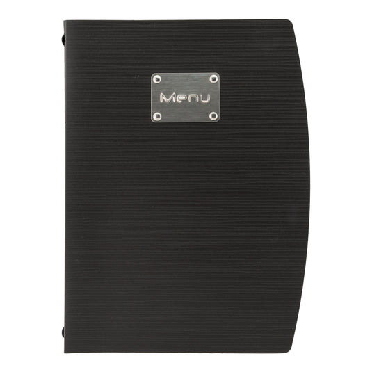 Set of 10 black Securit Rio menu holders, 34x25x1.2cm, sturdy plastic frames for displaying menus professionally.