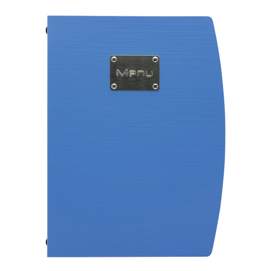 Set of 10 Securit Rio blue menu holders, 34x25.5x1.8cm, made of durable material, perfect for displaying menus in restaurants.