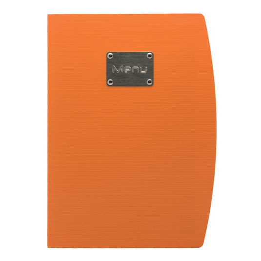 Set of 10 Securit Rio orange menu holders, 34x25.5x1.8cm, made of durable material for restaurant or cafe menu display.