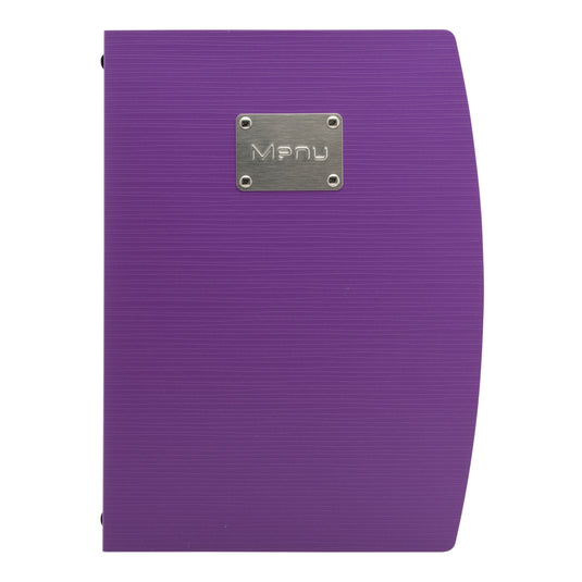 Set of 10 Securit Rio purple menu holders, 34x25.5x1.8cm, with clear pockets for displaying menus or signs.