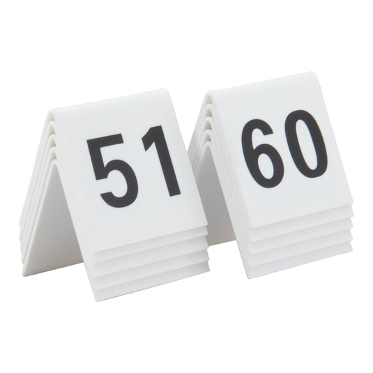 Set of six Securit white table boards, 5.2x5.2x4.5cm, used as accessory signs for tables or displays.