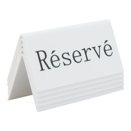 Set of six Securit white table boards with accessories signs, measuring 5x10x4.5cm, for displaying notices on tables.
