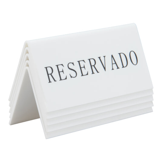 Set of six Securit white table boards, 5x10x4.5cm, used as accessories signs for tables or displays.