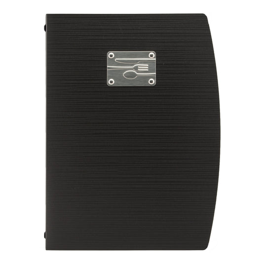 Set of 10 Securit Rio black menu holders, 34x25x1.2cm, made of durable material, ideal for displaying menus in restaurants or cafes.