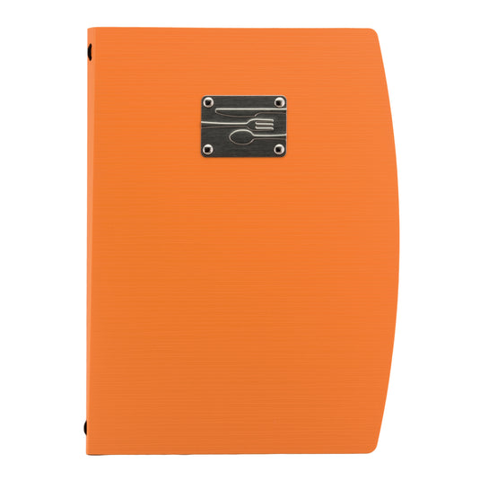Set of 10 Securit Rio menu holders in orange, 34x25.5x1.8cm, for displaying menus in restaurants or cafes.