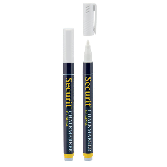 Set of 12 white Securit chalkmarkers with blister packaging, measuring 14x1x1.5cm, suitable for chalkboard and glass surfaces.