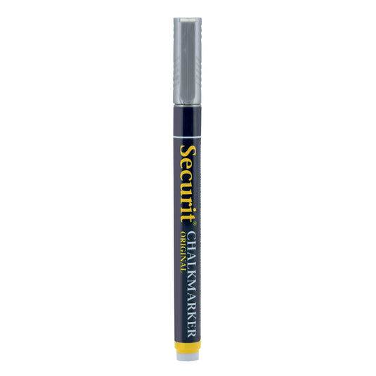 Set of 12 Securit silver chalkmarkers, loose, 14x1x1.5cm, ideal for chalkboard writing and creative displays.