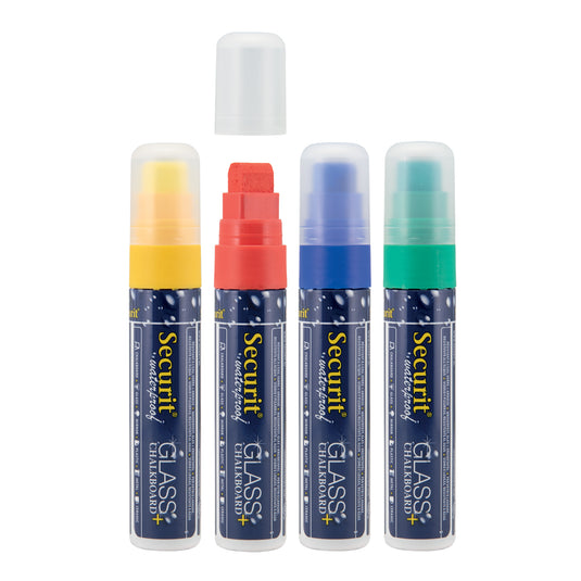 Set of 12 Securit waterproof chalkmarkers in assorted primary colors, wallet-sized 15.5x2.7x2.7cm, for chalkboard and glass writing.