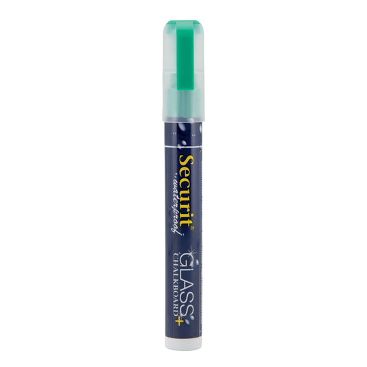 Pack of 12 green Securit chalkmarkers, waterproof loose chalk markers measuring 14.5x1.5x2cm, ideal for writing on chalkboards.