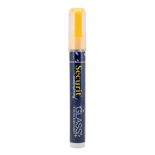 Set of 12 yellow Securit chalkmarkers, waterproof loose chalk markers, 14.5x1.5x2cm, ideal for chalkboard and surface writing.