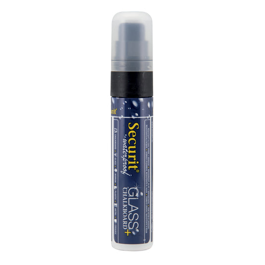 Set of six Securit waterproof chalkmarkers in black, 15.5x2.7x2.7cm, ideal for chalkboard and glass surface writing.