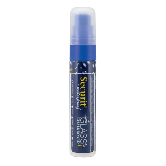 Six blue Securit chalkmarkers, waterproof loose chalk markers, 15.5x2.7x2.7cm, ideal for chalkboard and glass surfaces.