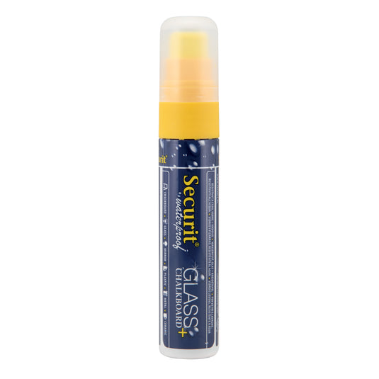 Securit yellow waterproof chalkmarkers in a pack of six, measuring 15.5x2.7x2.7cm, for writing on chalkboards and glass.