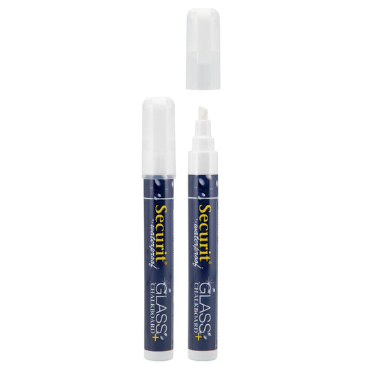Set of 12 Securit waterproof white chalkmarkers, 14.5x1.5x2cm, ideal for chalkboard writing and creative projects.