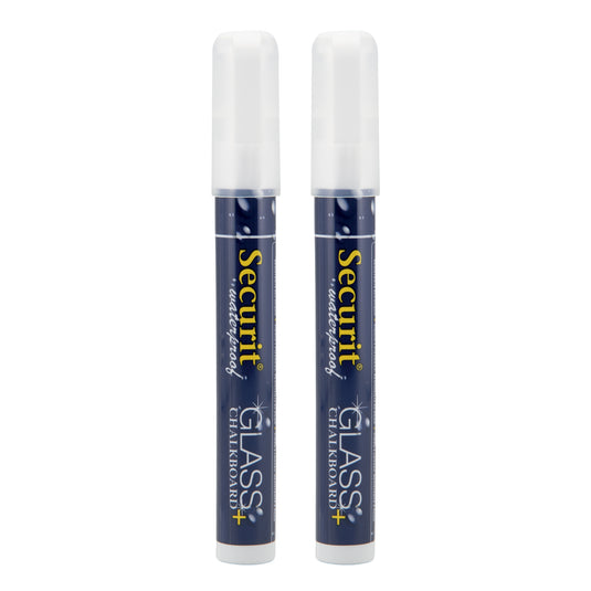 Set of 12 Securit chalkmarkers in white with waterproof wallet, measuring 14.5x1.5x2cm, ideal for chalkboard and craft projects