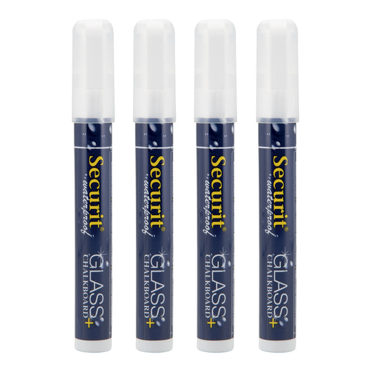 Set of 12 Securit white chalkmarkers with waterproof wallet, measuring 14.5x1.5x2cm, for writing on chalkboards and surfaces.