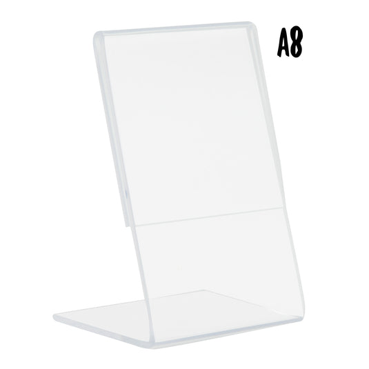 Set of six transparent acrylic posterframes by Securit, 8x4.1x4.1 cm, designed for displaying posters effectively.