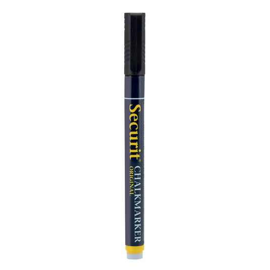 Pack of 12 Securit chalkmarkers in black, 14x1x1.5cm, featuring loose chalk markers for writing on chalkboards and surfaces.