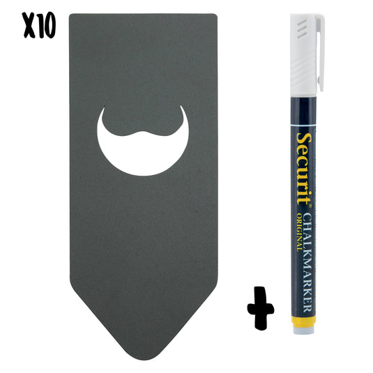 Set of six Securit black table chalkboards with accessories tags, 15.4x6.5cm, ideal for labeling and organization.