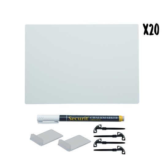 Set of five Securit white table chalkboards with accessories tags, measuring 14.3x10.5cm, ideal for labeling or signage.