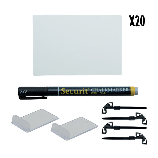 Set of five Securit white table chalkboard accessories tags, 10.5x7.4cm, for labeling or organizing items.