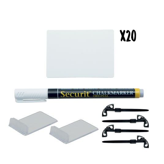 Set of five Securit white table chalkboard accessories tags, 7.4x5.2cm, ideal for labeling and organization.