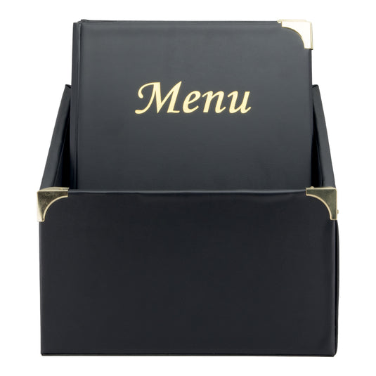 Black Securit menu holders in boxes, 30.5x27x20cm, designed for organizing and displaying menus effectively.
