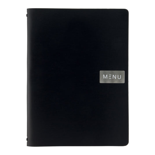 Black leather Securit menu holders, 33.2x24.6cm, with clear pockets, pack of 10, ideal for restaurant menus.