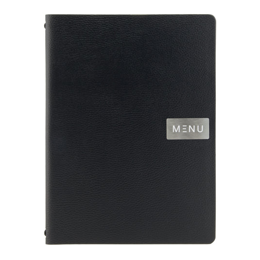 Black leather Securit menu holders with clear pockets, 33.2x24.6cm, pack of 10, ideal for restaurant menus.