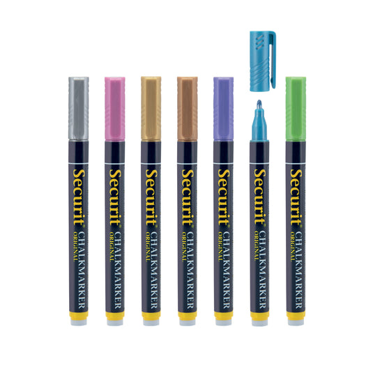 Set of 12 Securit metallic chalkmarkers with blister pack, 14x1x1.5cm, ideal for chalkboard and window writing.