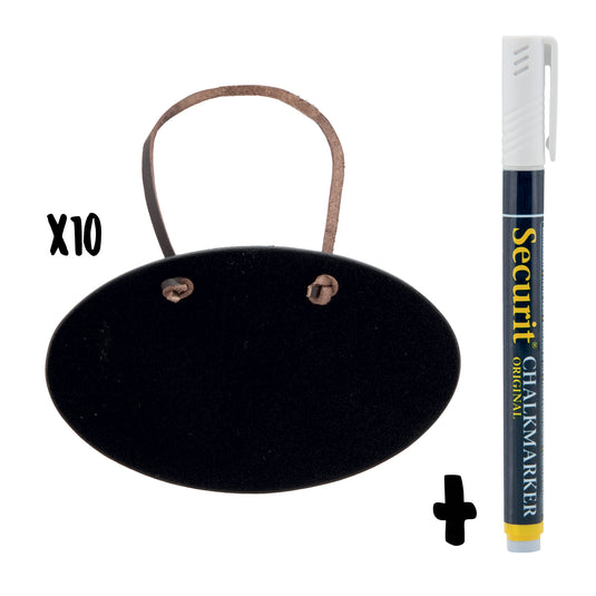 Set of six Securit black table chalkboards with accessories tags, 5x8 cm, for labeling and organizing items.