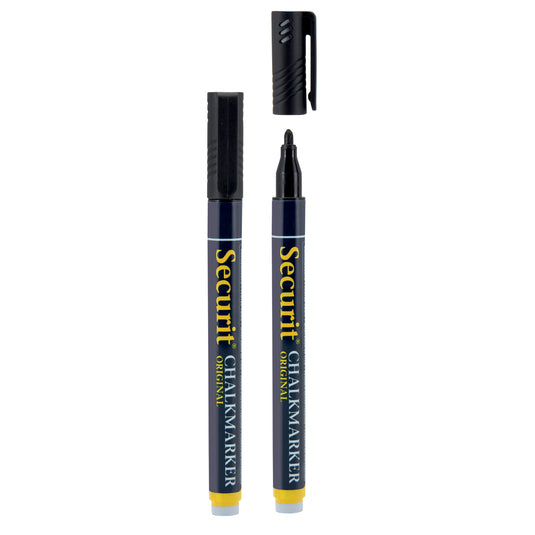 Set of 12 black Securit chalkmarkers in blister pack, 14x1x1.5cm, perfect for chalkboard writing and art projects.