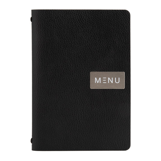 Black leather Securit menu holders, 25.3x17.7cm, pack of 10, with transparent slots for restaurant menus.