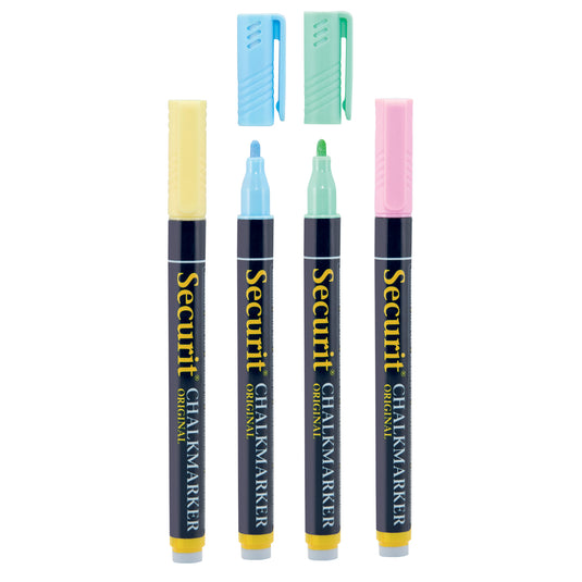 Set of 12 Securit pastel chalkmarkers in blister pack, 14x1x1.5cm, ideal for writing and drawing on chalkboards and surfaces.
