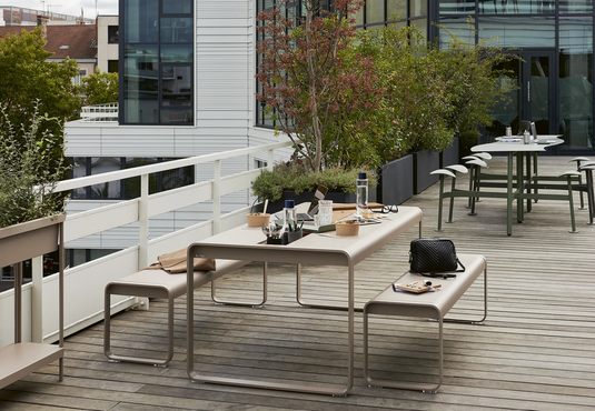 Fermob Bellevie outdoor dining table in wood and metal, 196x90 cm with storage, eight-seater for patio or garden.