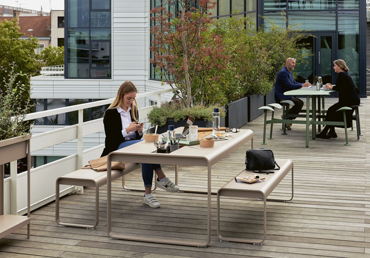 Fermob Bellevie outdoor dining table in wood and metal, 196x90 cm, with storage, eight-seater for patio or garden use.