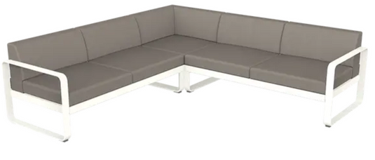 Fermob Bellevie Composition 2 outdoor sofa set with white, grey, and taupe cushions, featuring modular lounge pieces for outdoor living.