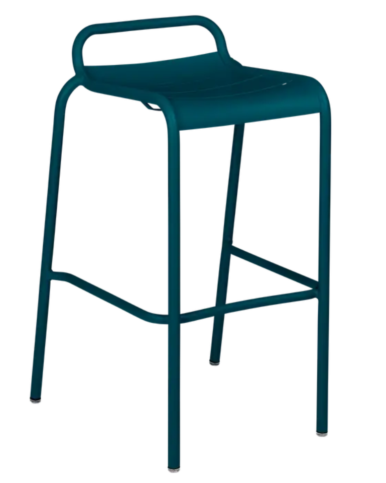 Load image into Gallery viewer, Blue Fermob Luxembourg bar stool with woven Acapulco-style seat, outdoor dining furniture for restaurant or home use.
