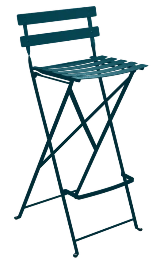 Fermob Acapulco blue teal foldable bistro bar stool with a modern outdoor design and sturdy metal frame.