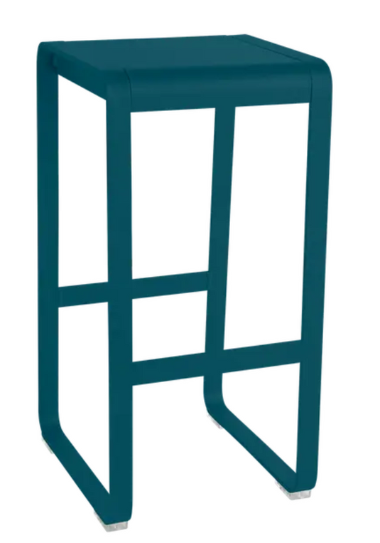 Fermob Bellevie high bar stool with a sleek outdoor design, featuring a curved seat and metal frame suitable for outdoor spaces.