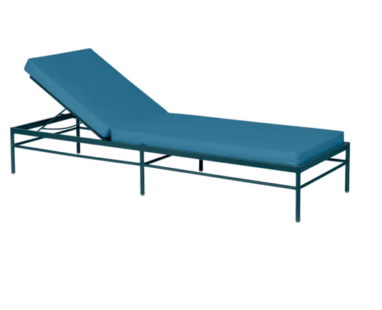 Fermob Rivage luxury metal sunlounger in Adriatic Blue, featuring a stylish design for outdoor relaxation.