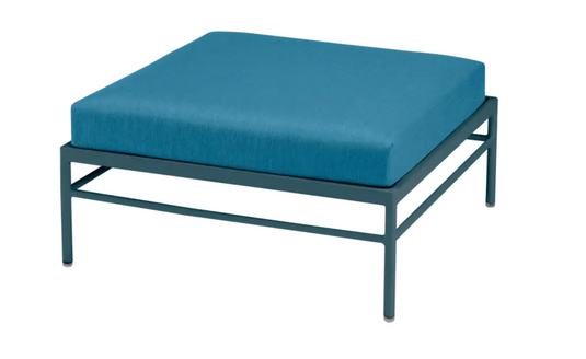 Fermob Rivage outdoor Ottoman in Adriatic Blue with aluminum frame, designed for stylish outdoor lounge furniture.